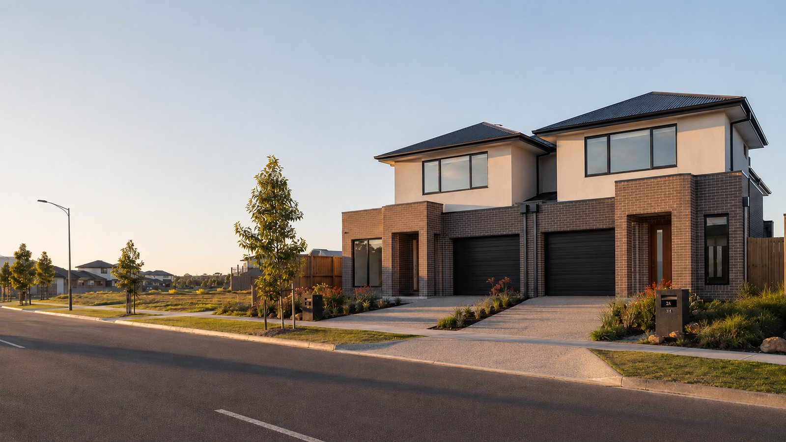 The same block with a completed pair of double-storey dual-occupancy townhouses.